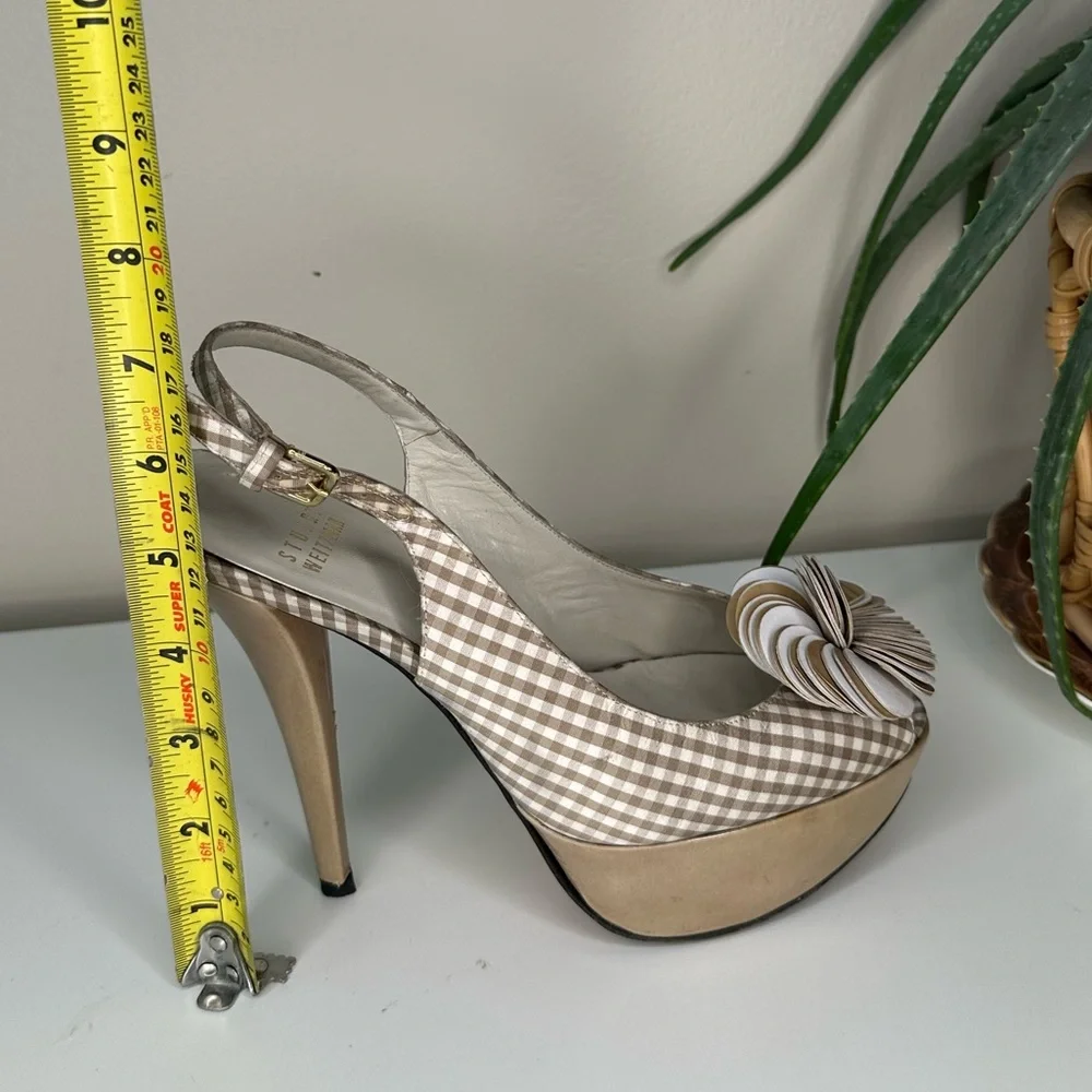 Stuart Weitzman Gingham Slingback Heels 7M | Platform Peep Toe Floral Bow - Picture 10 of 14